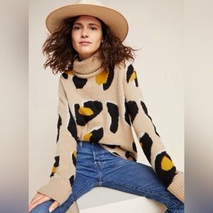 Anthropologie Moth Georgia Leopard Print Turtleneck Sweater Beige Small